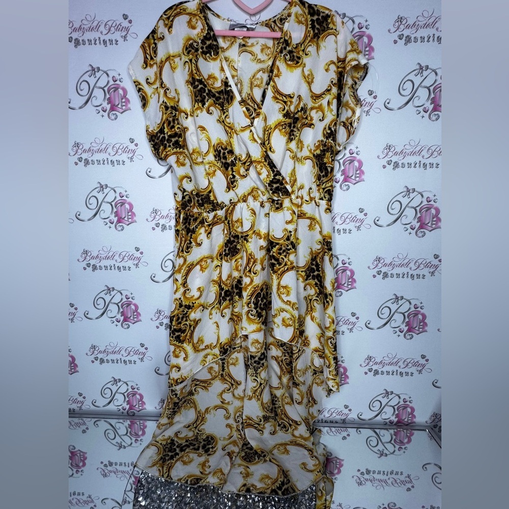 Caren sport shirt high low cheetah print ornate pattern luxe gold animal print